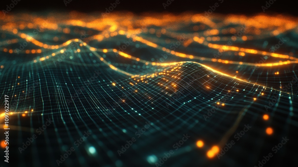 Poster an intricate abstract digital landscape filled with glowing orange and teal lights flowing across a 