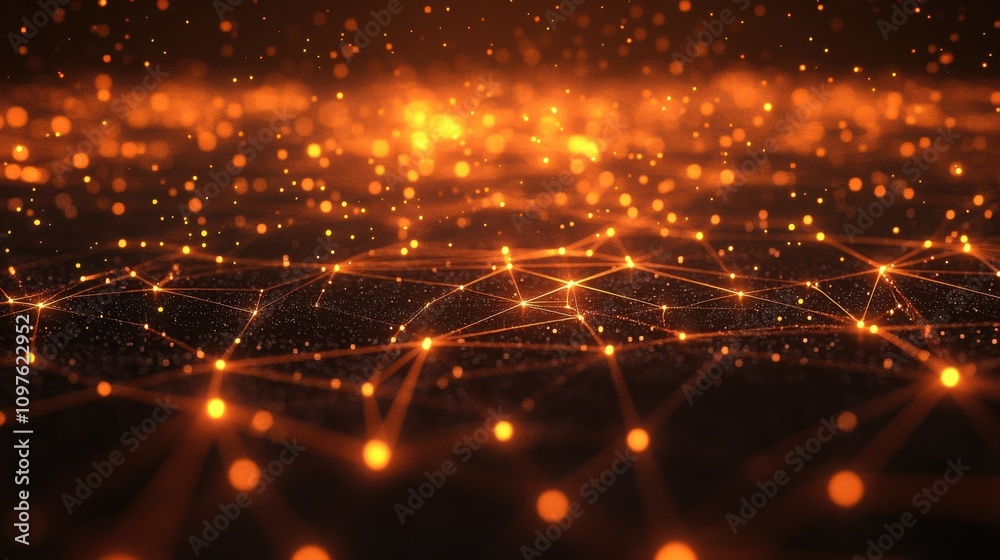 Leinwandbilder an abstract digital background showcasing glowing orange particles connected by luminous lines in a 