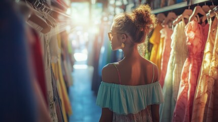 Obraz premium A young woman explores colorful dresses in a vintage clothing store on a sunny afternoon, enjoying a shopping adventure