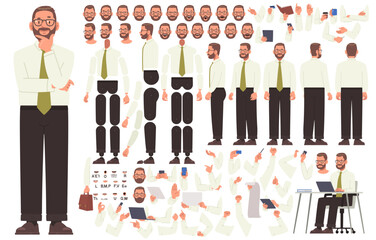 Male office worker or company boss character constructor. Set of different positions of arms legs body and head for creating animation