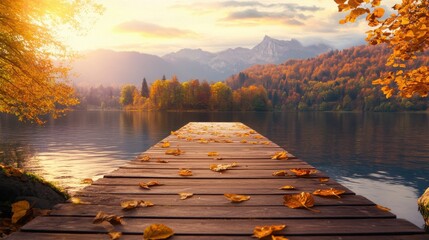 A wooden footbridge stretches across a tranquil lake surrounded by autumn foliage at sunset