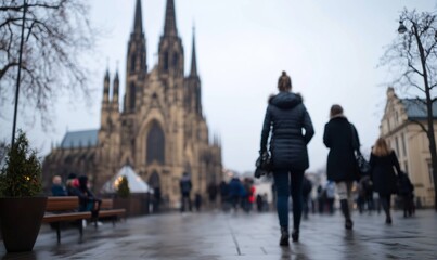 Woman walking away from a Gothic cathedral in a city square on a cloudy day.