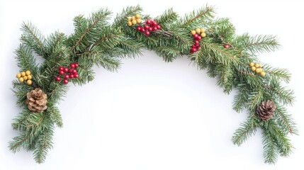 Christmas frame wreath with evergreen fir tree and red and yellow berries isolated on white