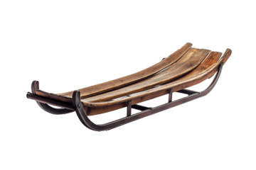 Wooden sled with metal runners for winter sports on transparent background