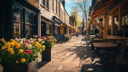 Charming sunny urban street with vibrant cafes and blooming flowers in a lively neighborhood