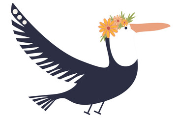 Bird with Flower Crown in Flight, vector flat illustration