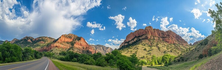 Breathtaking panoramic view of the scenic route showcasing vibrant rock formations and lush greenery under a clear blue sky
