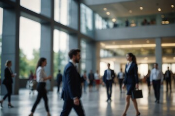 Blurred image of business people in the lobby of a modern office building