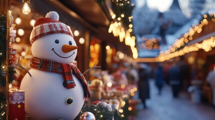 Christmas Snowman sold at traditional Christmas market Decorated and illuminated shopping stands with variety of Xmas toys Christmas market in Bavaria Germany : Generative AI