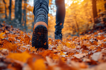 Close up of feet walking on autumn leaves generated.AI