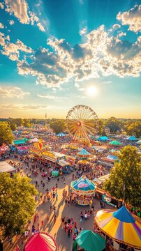 A vibrant panorama of the Iowa State Fair showcases thrilling rides, colorful tents, and a lively crowd during sunset