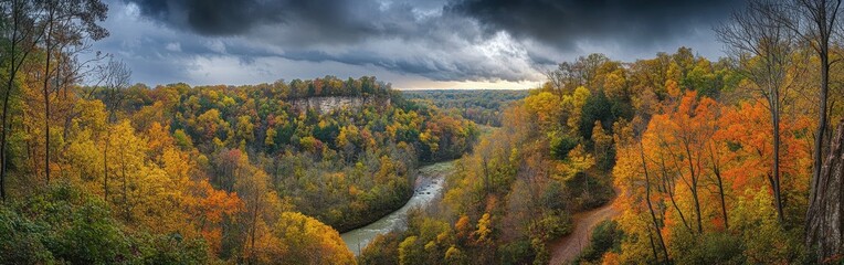 A breathtaking panorama of vibrant autumn foliage in Hoosier National Forest at dusk