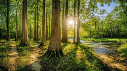 Obraz premium A breathtaking view of a sunlit Congaree National Park with lush trees and a winding stream during a peaceful afternoon