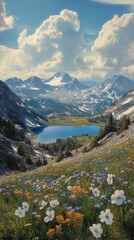 Fototapeta premium Breathtaking panorama of the Beartooth Mountains showcasing vibrant wildflowers and serene alpine lake under a beautiful sky