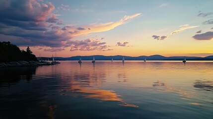 A serene sunset reflecting on Lake Champlain with sailboats peacefully resting at anchor in the tranquil waters