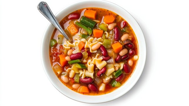 A plate of hearty minestrone soup filled with vegetables, beans, and pasta