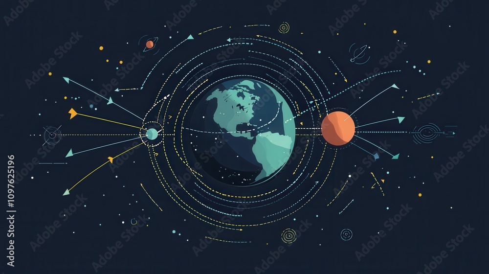 Poster an infographic illustrating earth surrounded by planetary orbits and celestial bodies in a cosmic de