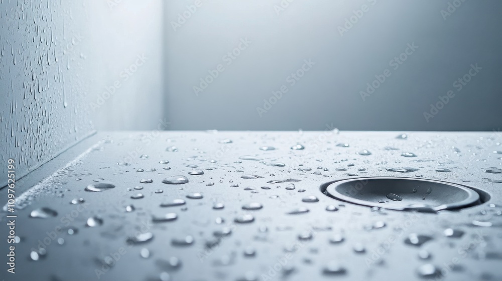 Poster water droplets collecting on a smooth flat surface near a drain in a minimalist interior environment