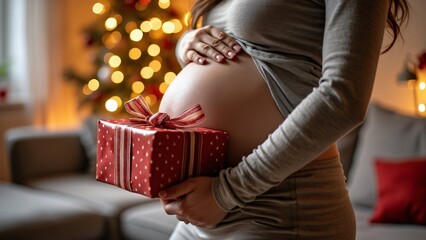 Pregnant Woman Holding Christmas Gift, Cozy Home