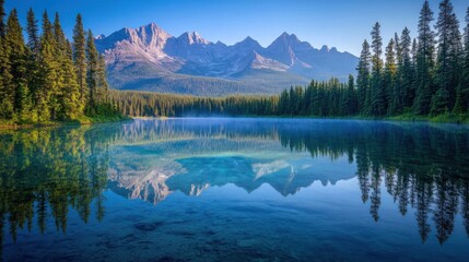 A tranquil morning view of a mountain range reflected in a crystal-clear lake surrounded by lush evergreens