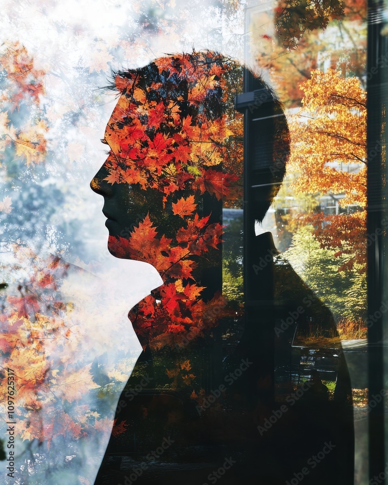 Poster a reflective portrait of a person gazing thoughtfully while surrounded by vibrant autumn leaves in a