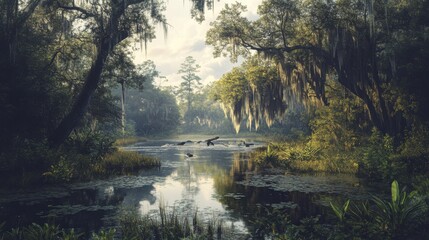 Obraz premium A peaceful afternoon in the lush marshlands showcasing serene waters and vibrant vegetation under soft sunlight