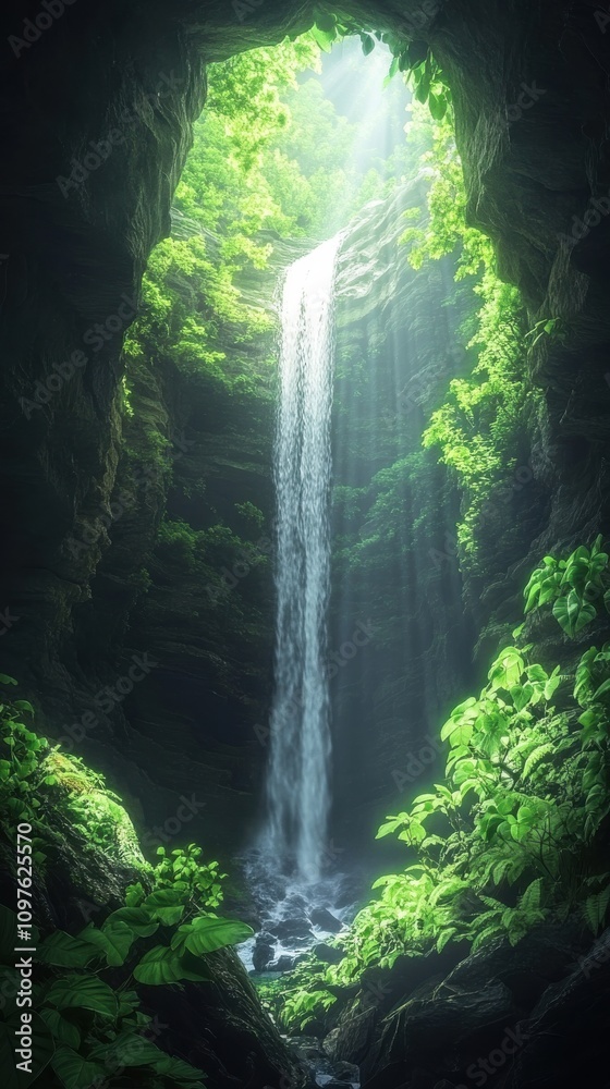 Poster Tranquil view of Ruby Falls cascading through lush greenery with sunlight breaking through at midday
