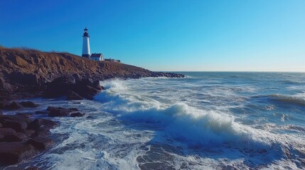 Explore the tranquil shores of Montauk Point with crashing waves and a historic lighthouse against a clear blue sky at sunset