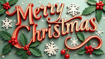 Merry Christmas, 3D Festive Typography with Holly and Snowflakes