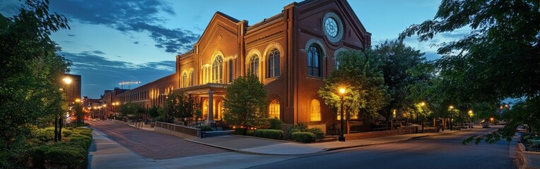 Obraz premium Evening glow of the historic Ryman Auditorium in Nashville, showcasing its architectural beauty and surrounding greenery