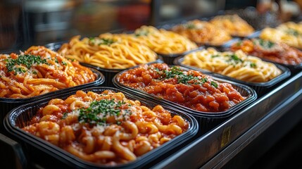 A tempting array of takeaway pasta trays with rich sauces ready for a satisfying meal in a bustling city setting
