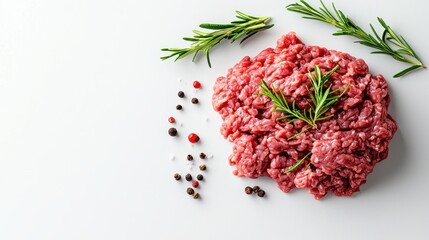 Preparing fresh ground beef with rosemary and spices kitchen food photography bright clean culinary artistry