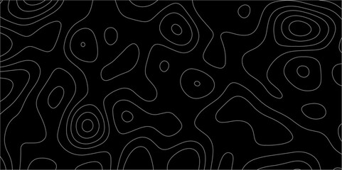 Abstract white on black background with Topographic line map pattern. abstract wavy and curved lines background. linear map. Dark seamless design. Bold tile able isolines pattern. Vector illustration.