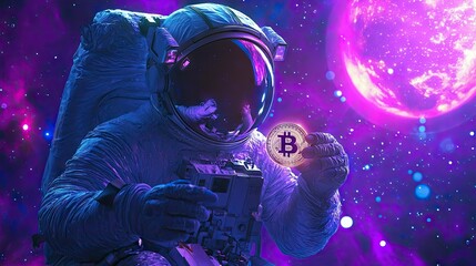 A digital astronaut holding a glowing crypto coin, floating in a space filled with neon blue and violet galaxies