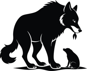 Obraz premium Black Silhouette of Wolf with Prey and Small Dog Illustration - Vector Graphic, Wildlife Art, Animal Clipart, Cartoon Image