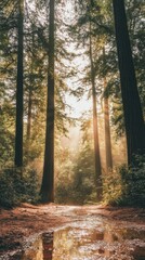 Obraz premium A tranquil redwood forest illuminated by golden sunlight after rain, showcasing nature's beauty and serenity