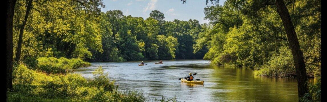 Kayakers enjoy the tranquil waters of the Chattahoochee River amidst lush greenery on a sunny day - Powered by Adobe
