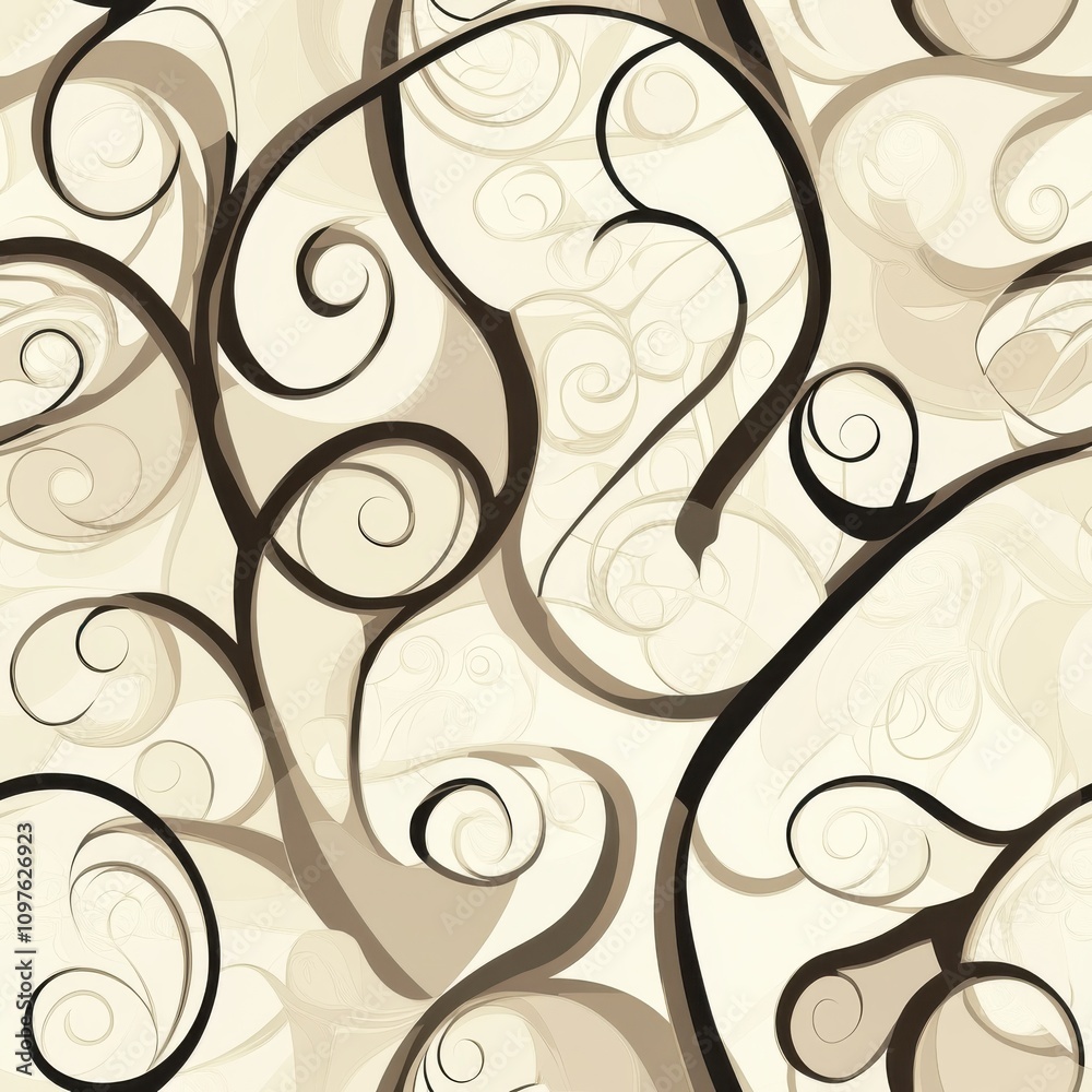 Poster a harmonious seamless pattern of graceful spirals and curves in soothing neutral tones, perfect for 
