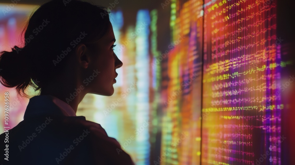 Leinwandbilder scientist analyzing data on a digital screen in a modern research lab during evening hours