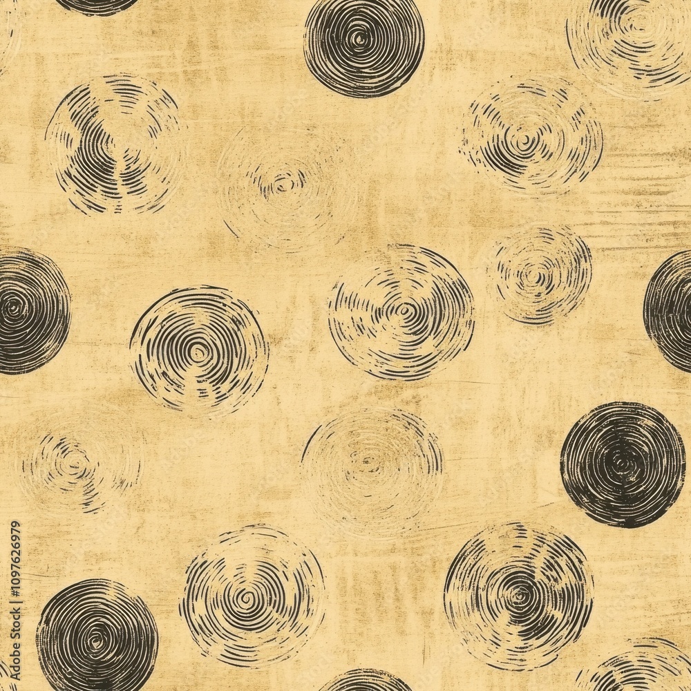 Poster hand-drawn seamless pattern featuring textured circles on a muted golden background for unique desig