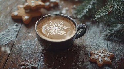 Cup of coffee with snowflake latte art beside gingerbread cookies and frosted pine branches on a snow-dusted wooden surface