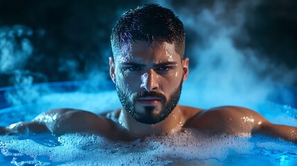 Athlete Submerged in Dimly Lit Ice Bath,Steam Rising for Recovery and Endurance
