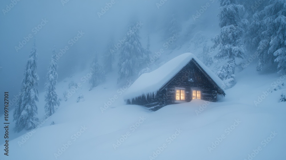 Aufkleber a blizzard envelops a quaint mountain cabin, creating a winter wonderland obscured by swirling snowf