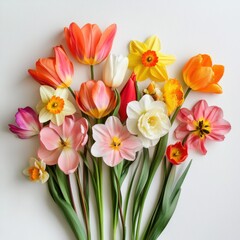 Fototapeta premium A cheerful bouquet of vibrant tulips and daffodils arranged creatively against a neutral background for a refreshing spring look