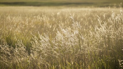 Fototapeta premium A serene view of sunlit tallgrass prairie swaying gently in the breeze at golden hour