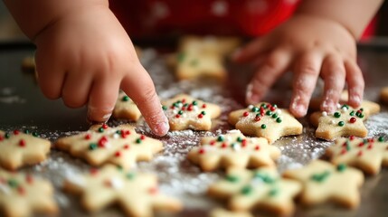 Decorated Christmas cookies being crafted by a child's hands during a festive holiday baking session