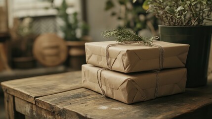 Eco friendly christmas. sustainable gifts in kraft paper on a rustic wooden table for the holidays