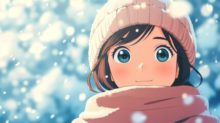 A cheerful girl with a warm scarf, smiling in a snowy winter wonderland.