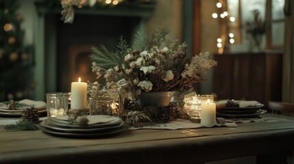 Eco-friendly Christmas table setting with a rustic theme featuring dried flower centerpieces, muted earth tones, and upcycled materials in a cozy indoor space