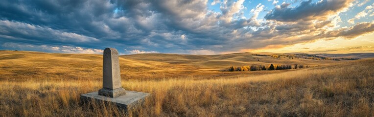 A serene sunset over the Little Bighorn battlefield showcasing the vast grasslands and historical monument amidst dramatic clouds